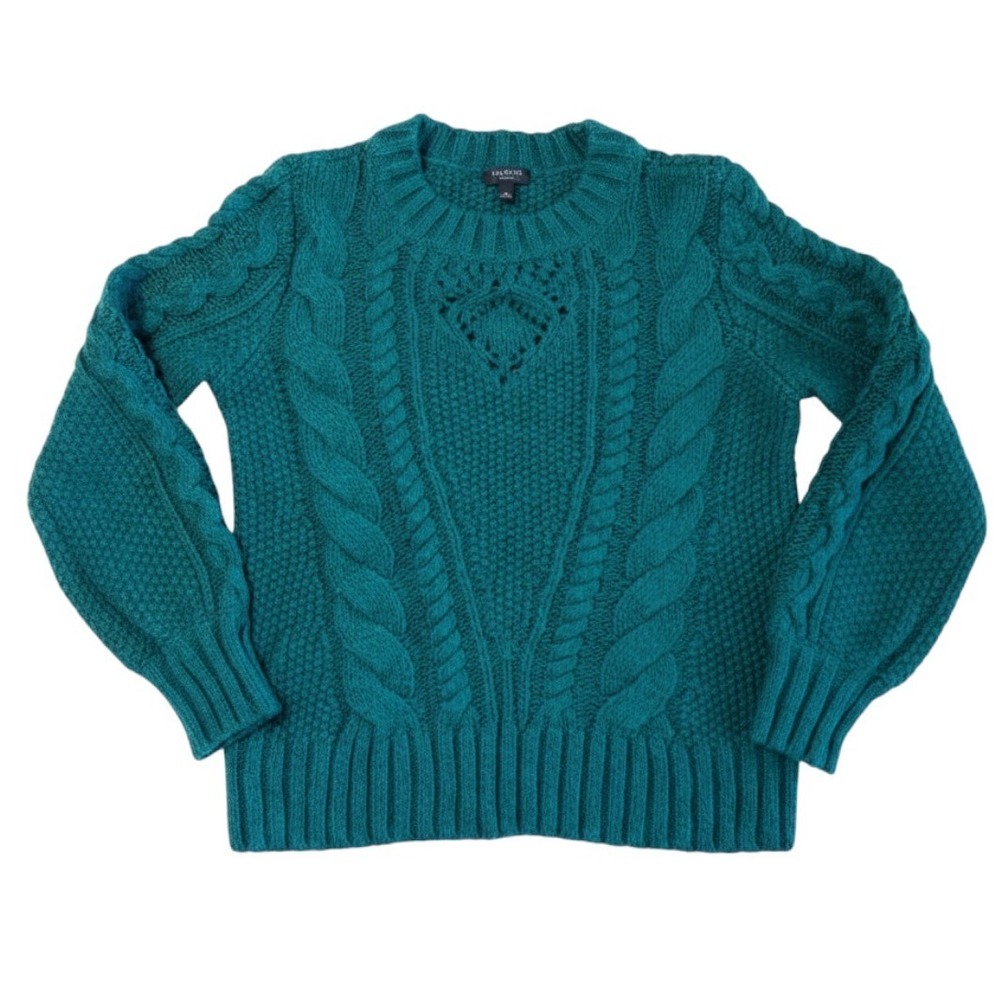 Talbots Petite Green Cable Knit Sweater Women's SP Chunky Boatneck Cozy Preppy